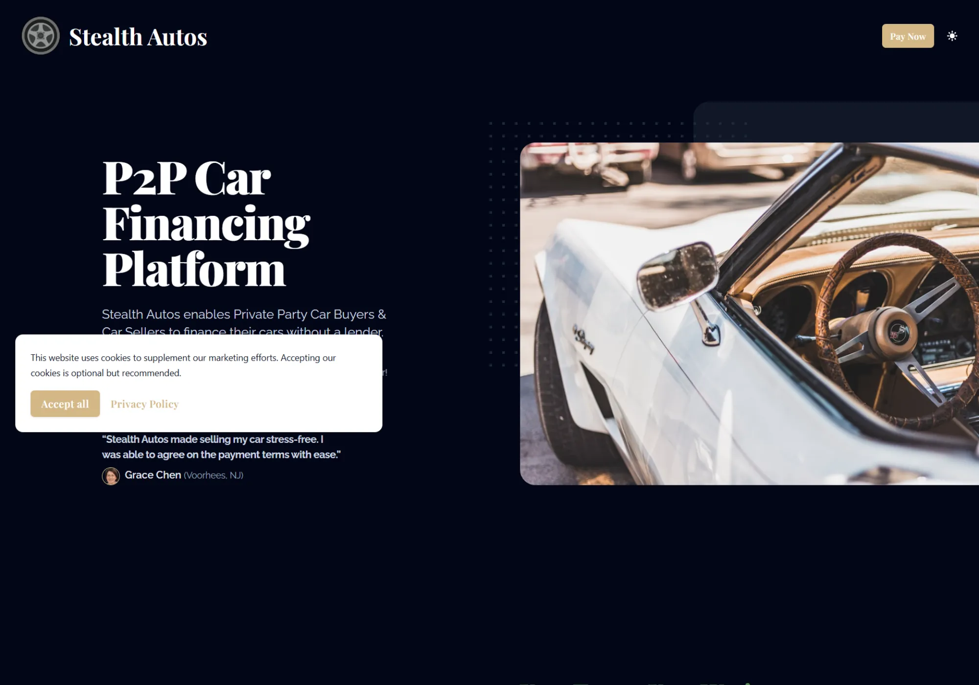 The Stealth Autos homepage headline "P2P Car Financing Platform" beside a photo of a car interior