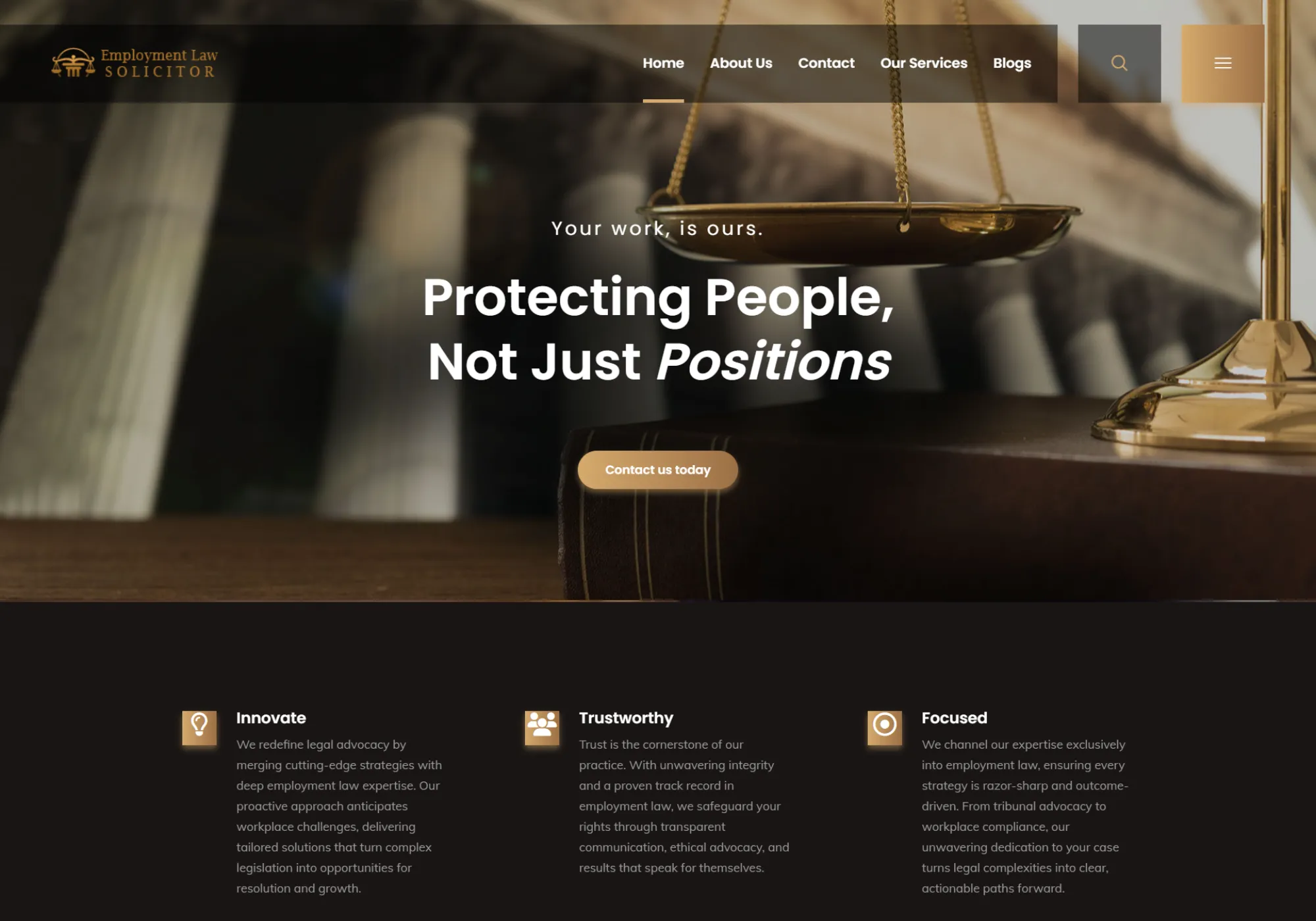 The Mary Molloy & Co homepage with the headline "Protecting People, Not Just Positions" over a dark, law-office background