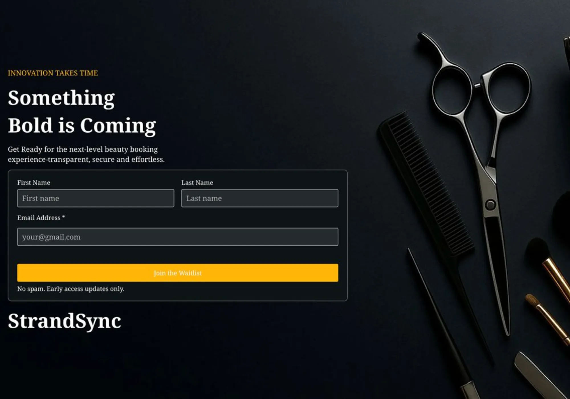 The StrandSync waitlist page, "Something Bold is Coming", with a black and gold sign-up form beside barber tools