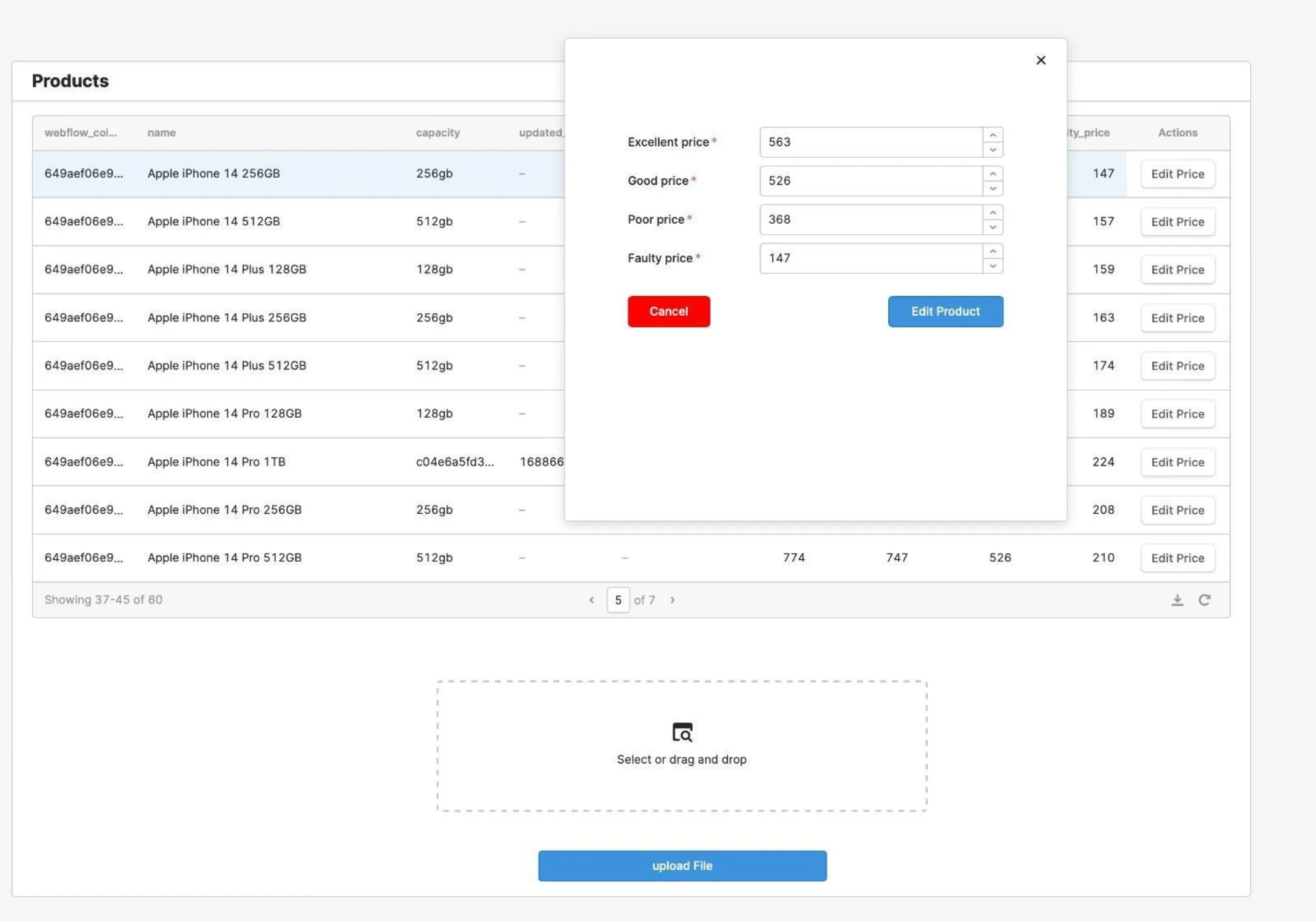 Retool products table with an "Edit product" panel open for updating device details and prices