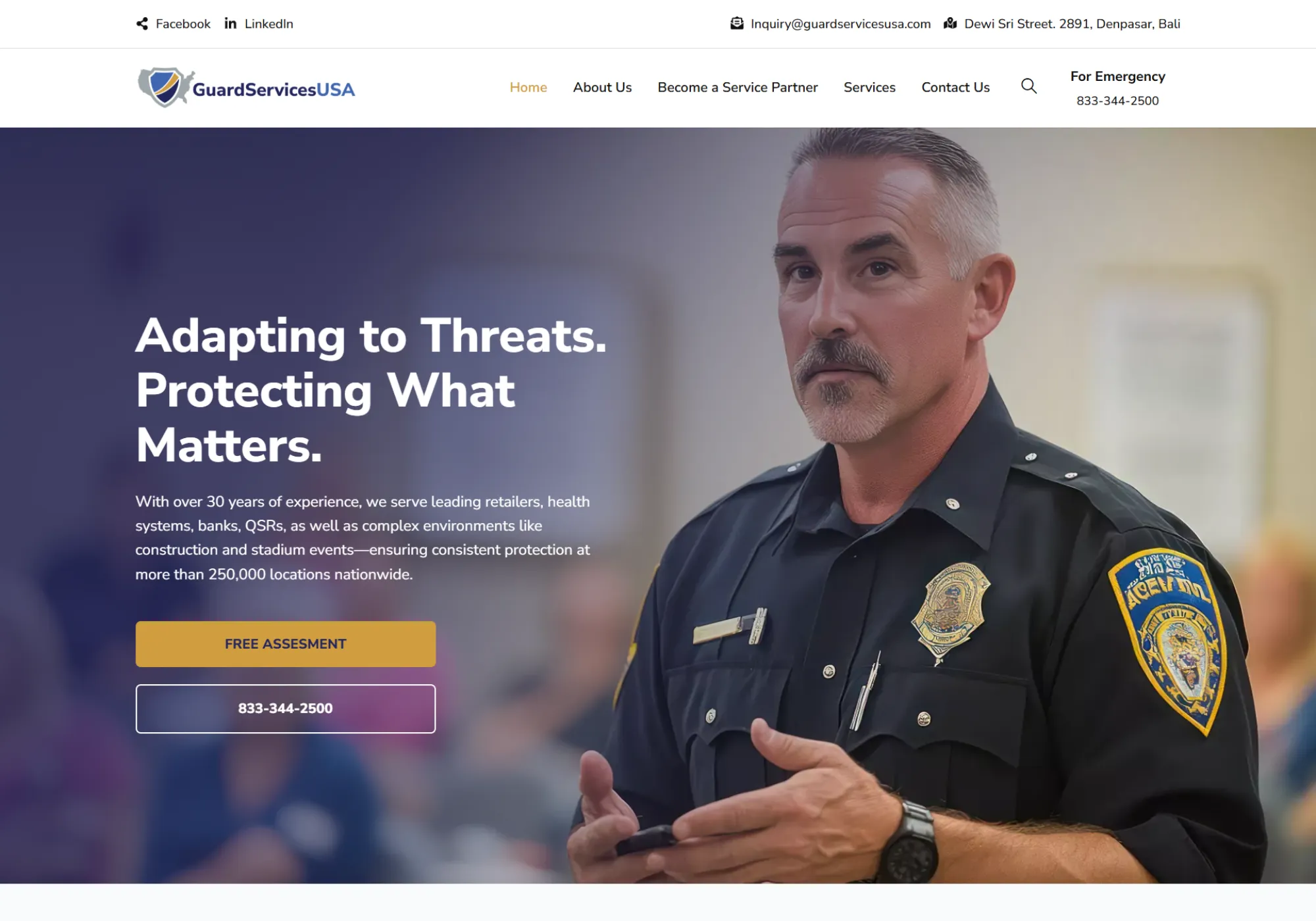 The redesigned Guard Services USA homepage with a uniformed security officer and the headline "Adapting to Threats. Protecting What Matters."