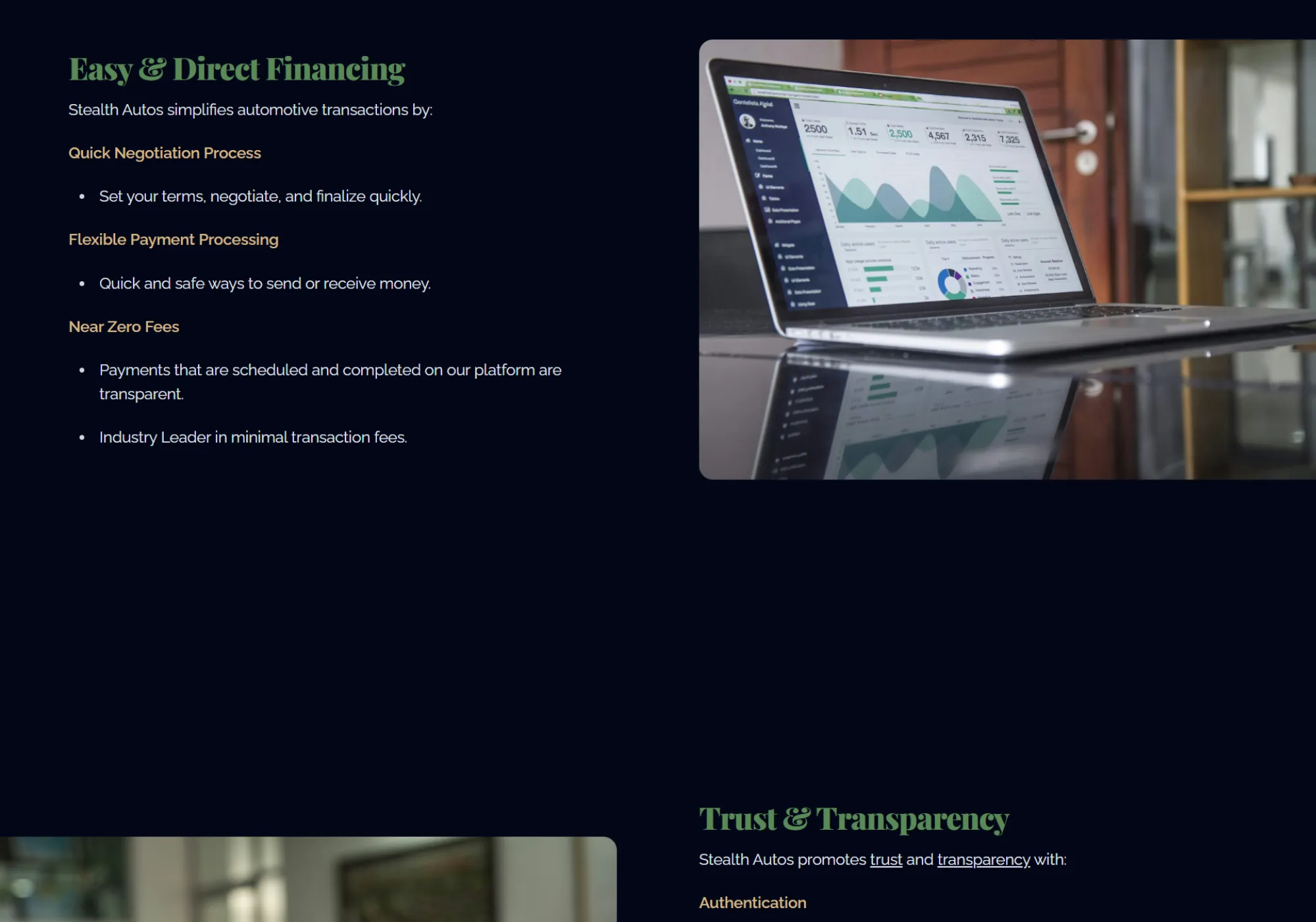 "Easy & Direct Financing" section explaining flexible payment terms for buyers and sellers