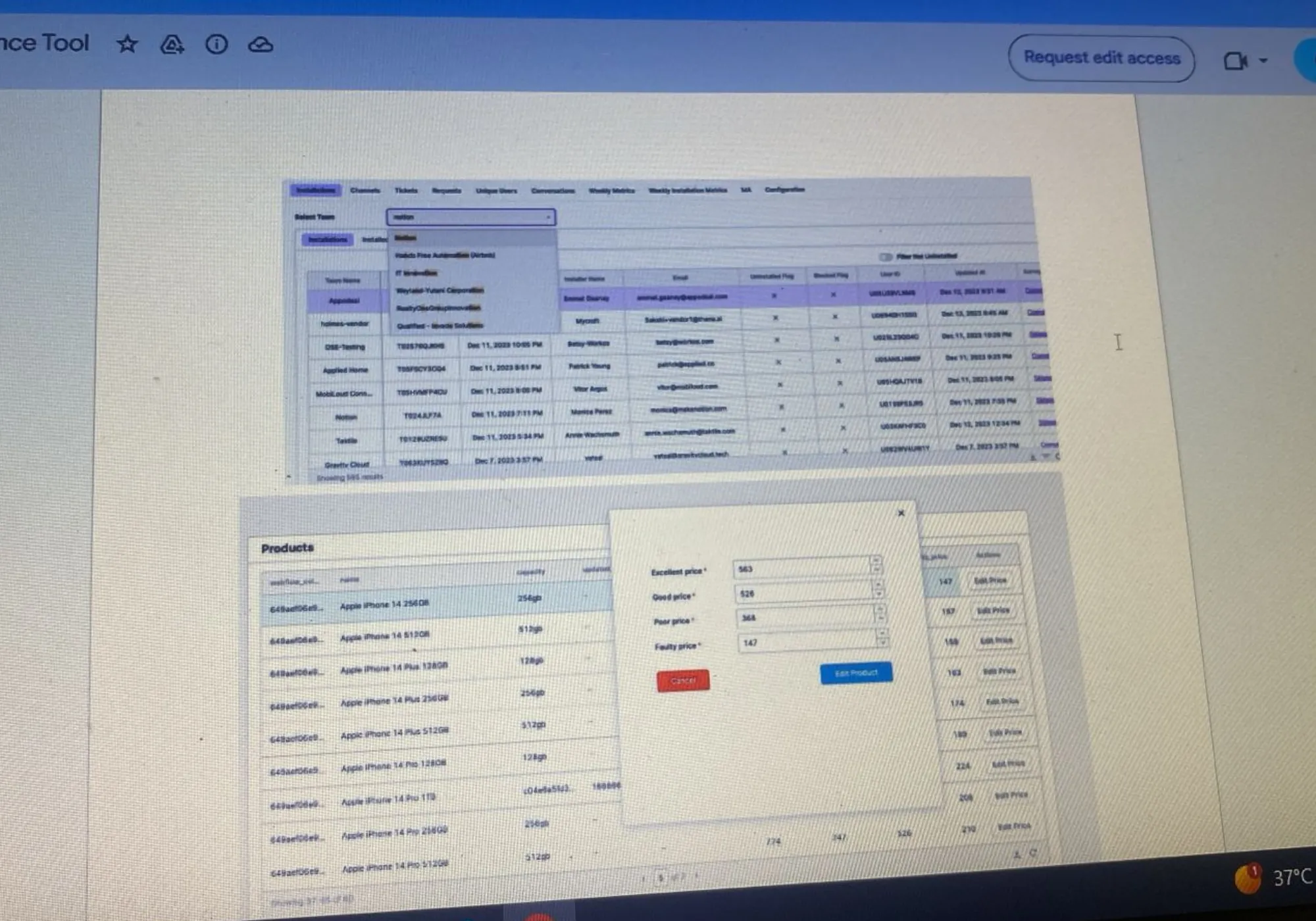 The inventory tool's product list open on a laptop screen