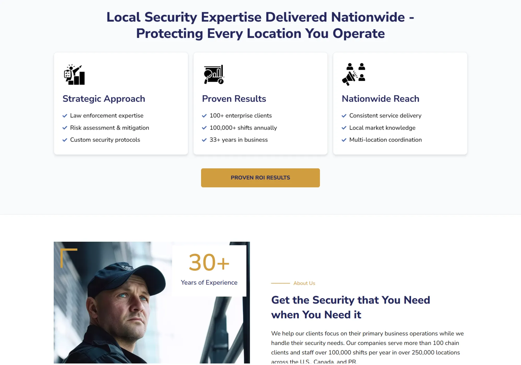 Services section highlighting strategic approach, proven results and nationwide reach