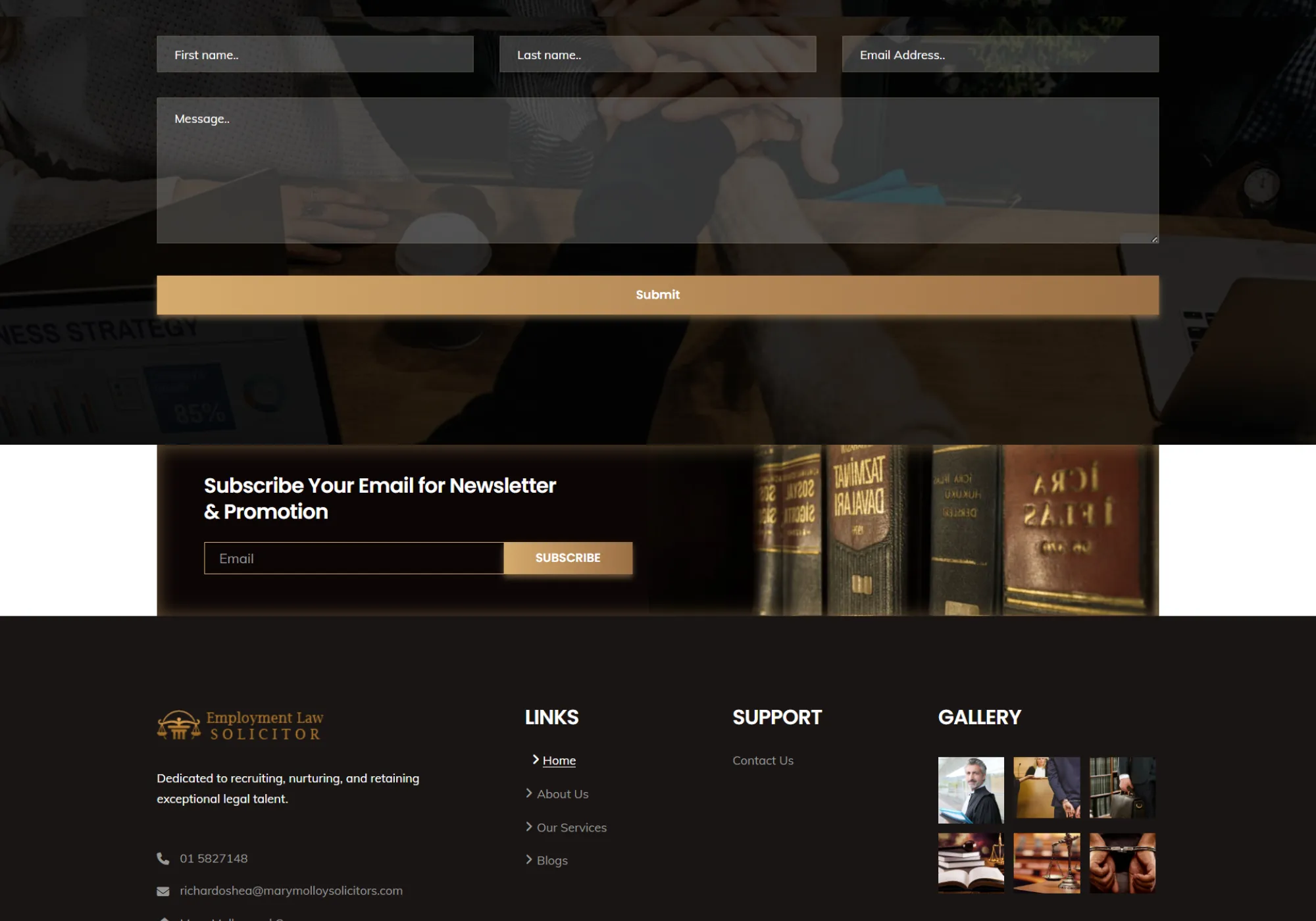 Contact form and footer with office details and newsletter sign-up