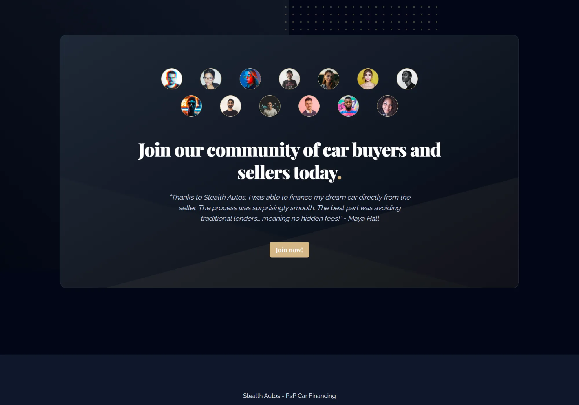 Community section inviting car buyers and sellers to join the platform