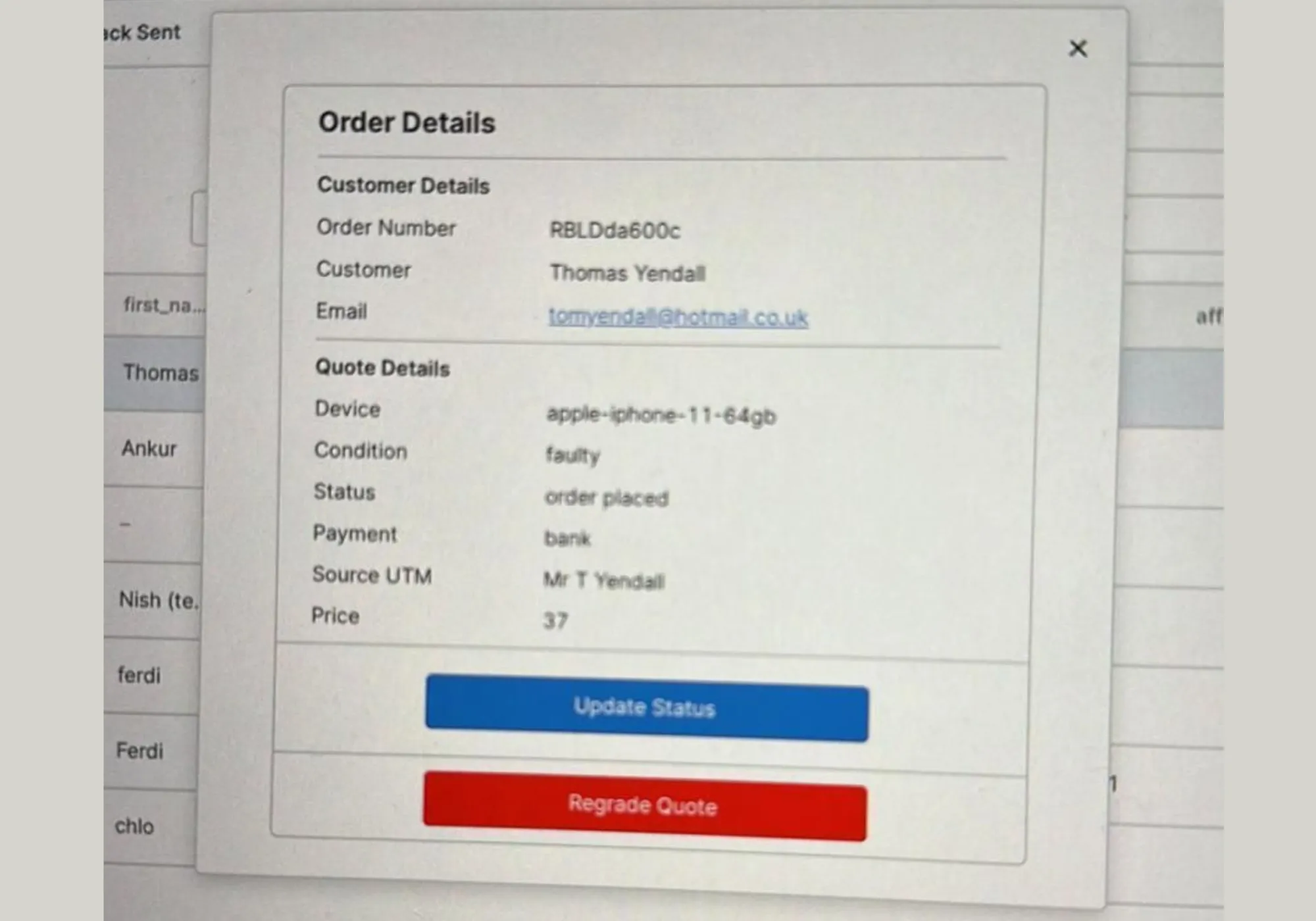 Order details panel with customer, device and price information and update actions