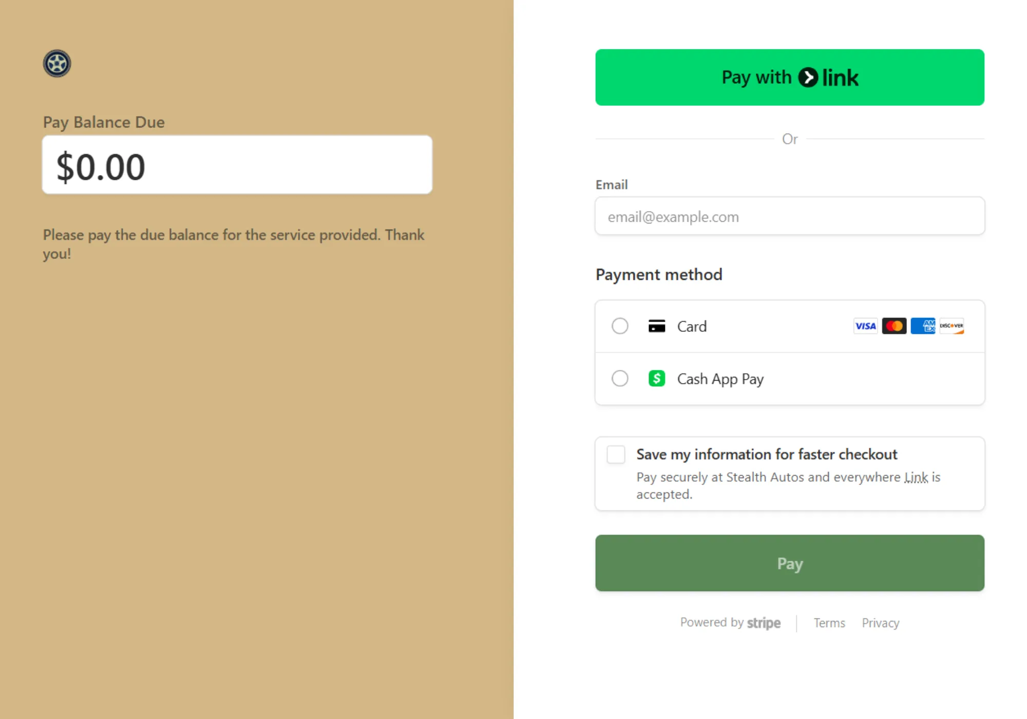 Checkout screen showing the payment balance and card payment options
