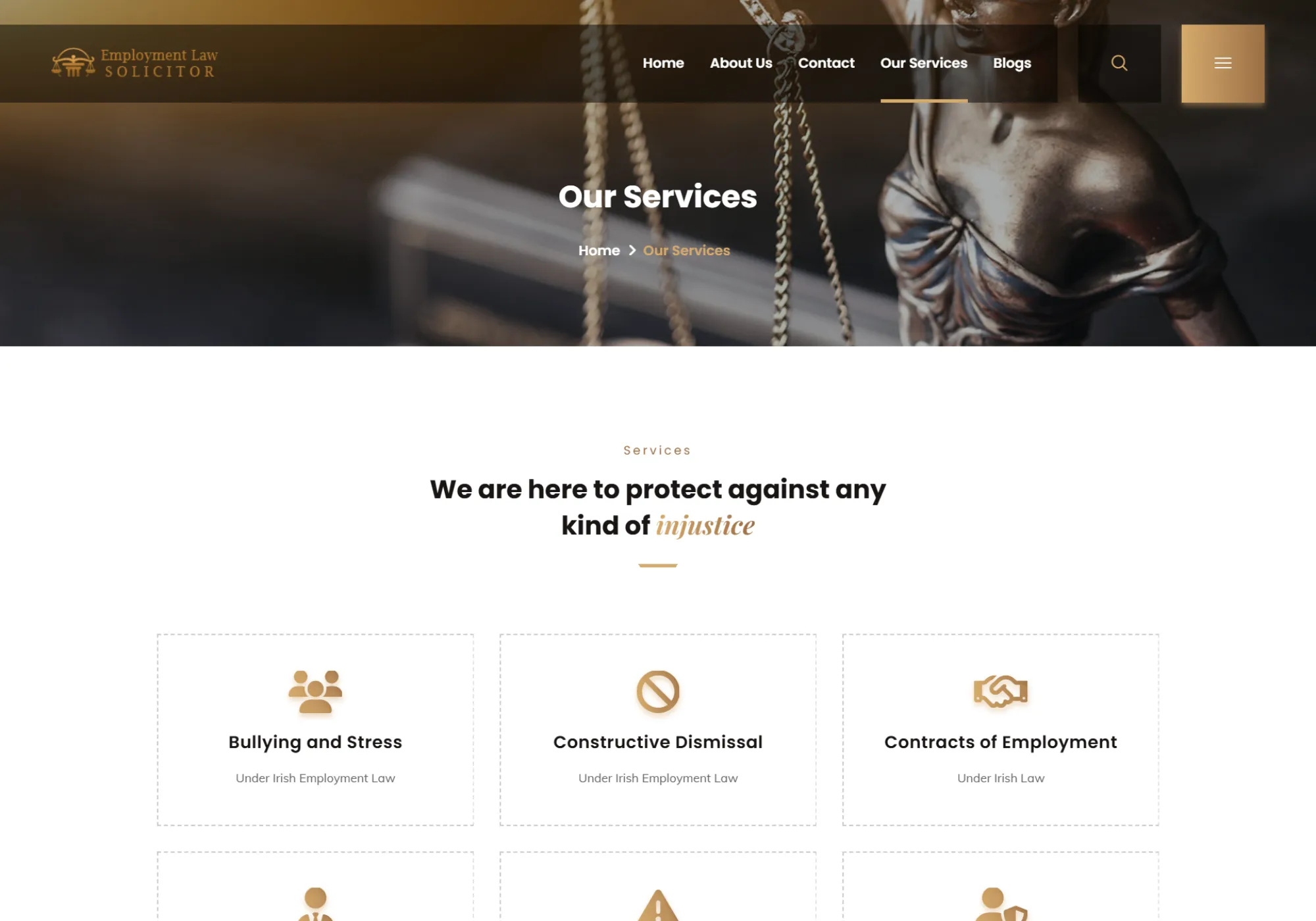 Services page listing the firm's employment law specialisms