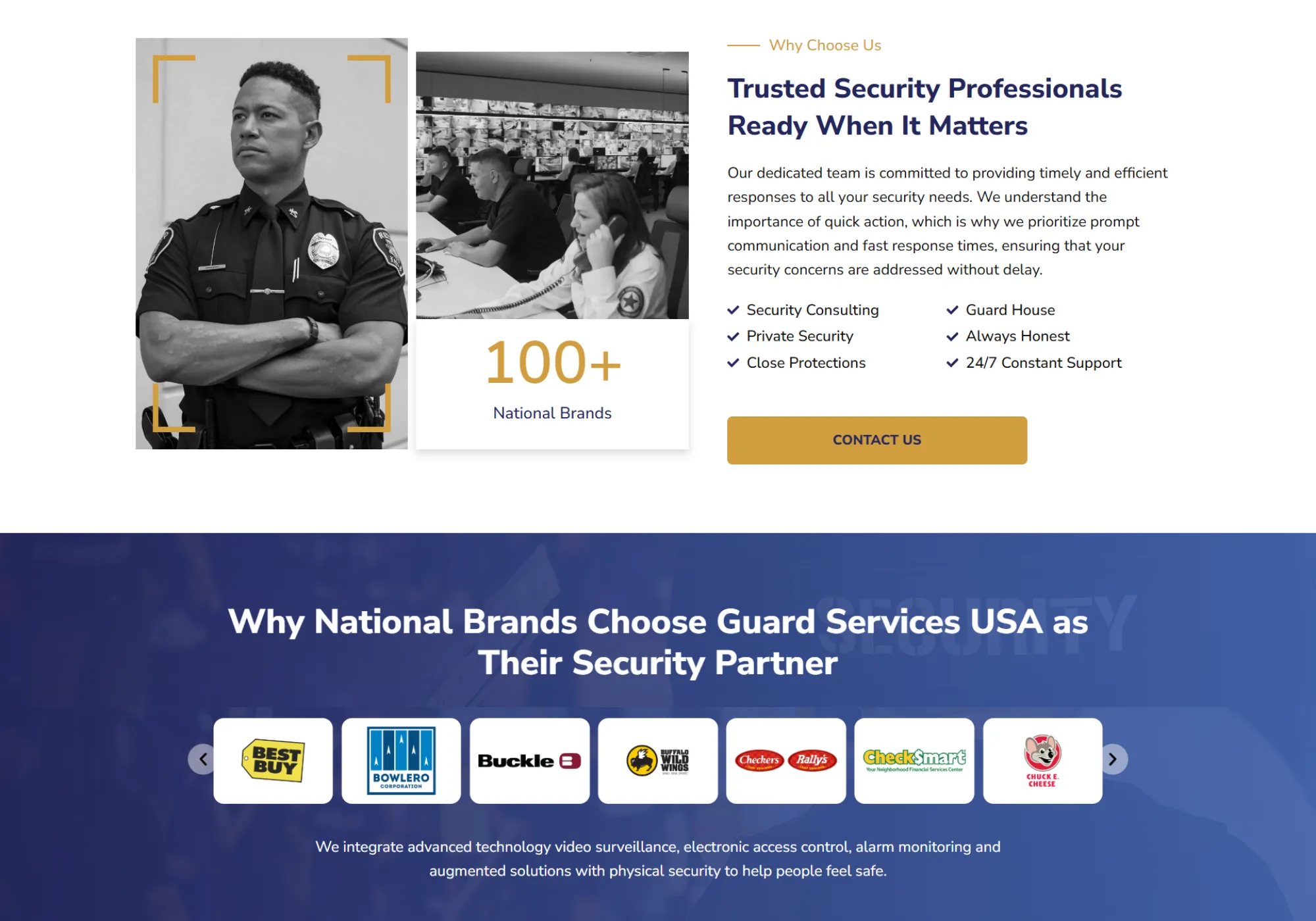 "Why national brands choose Guard Services USA" section with statistics and client logos