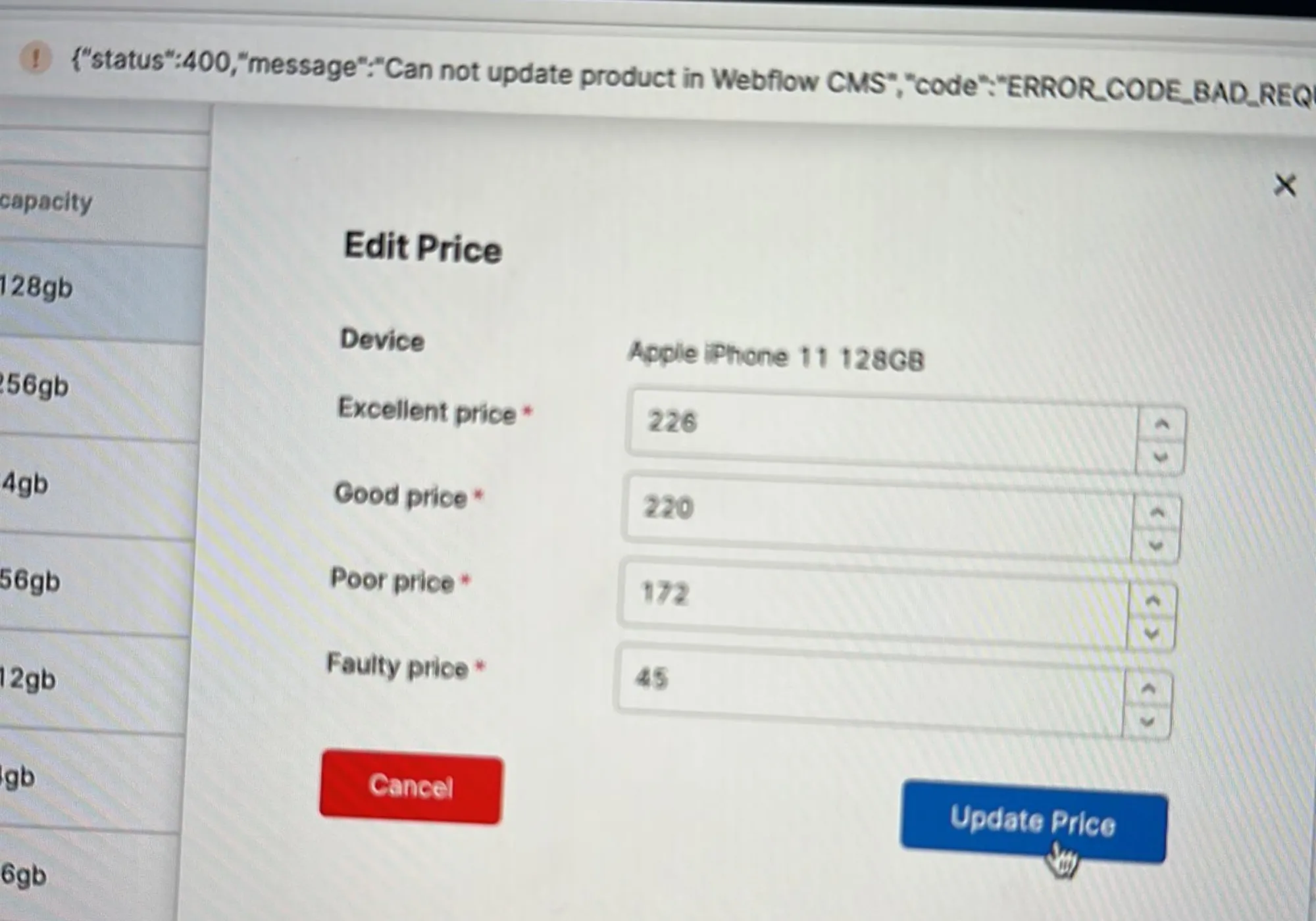 Edit price dialog for a device, with prices by condition